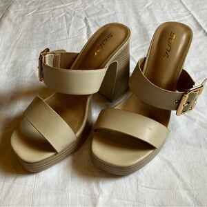 Soda Cream Platform Block Heel Slide Sandals with Buckle Accent